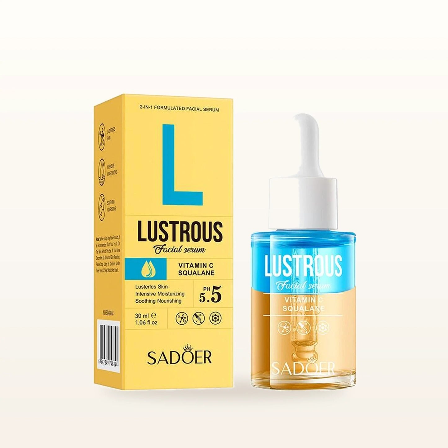 Glow Drop, sérum facial Vitamina C y Escualano sobre fondo marfil cálido