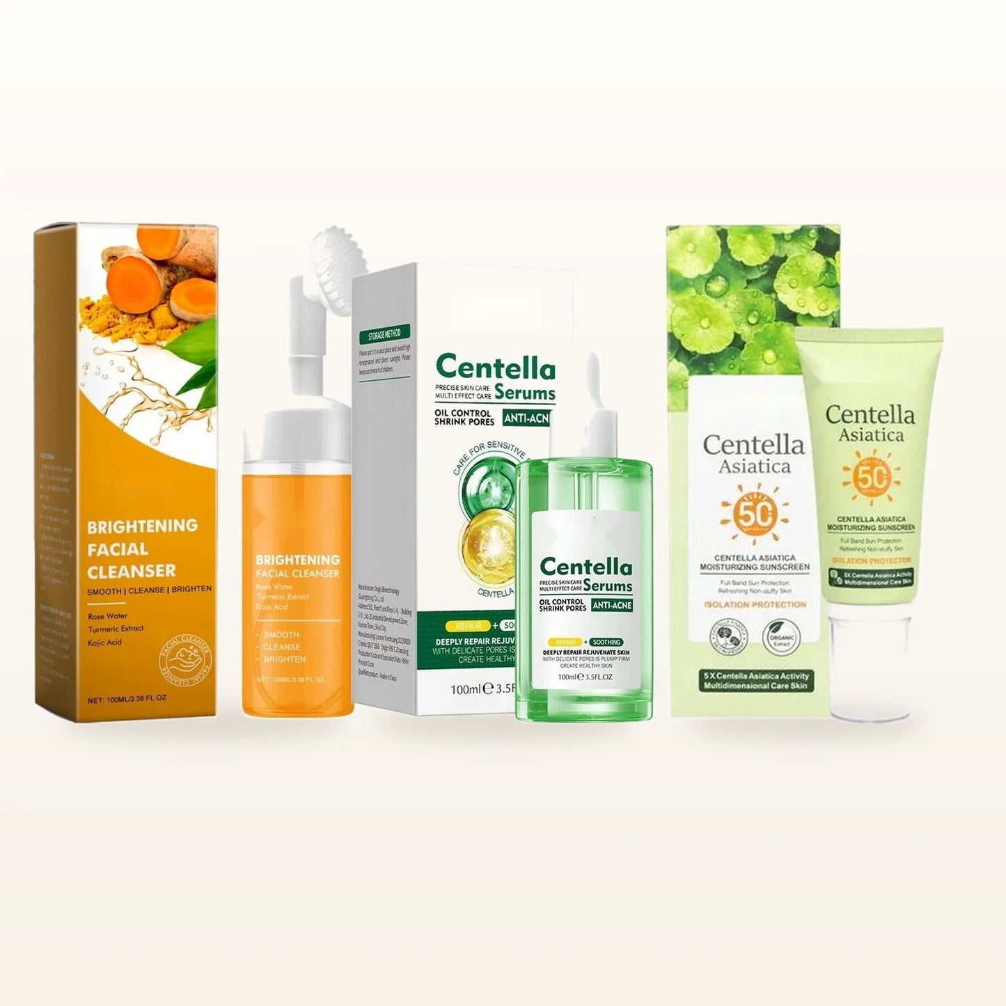 Pack Iniciación K-Beauty: limpiador, sérum calmante y protector solar Centella Asiática sobre fondo marfil cálido