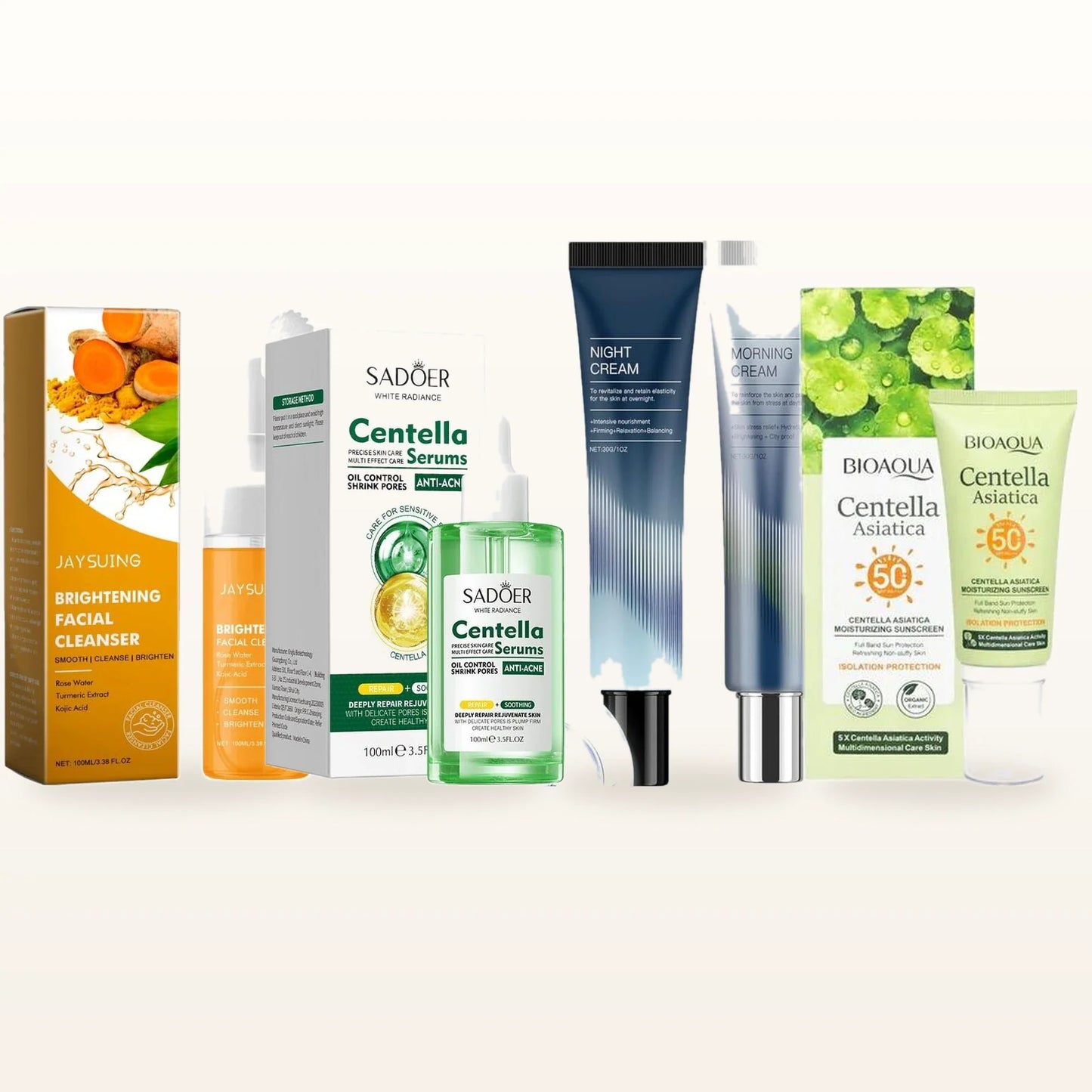 Pack Completo VIP: limpiador, sérum calmante, kit crema día y noche y protector solar Centella Asiática sobre fondo marfil cálido