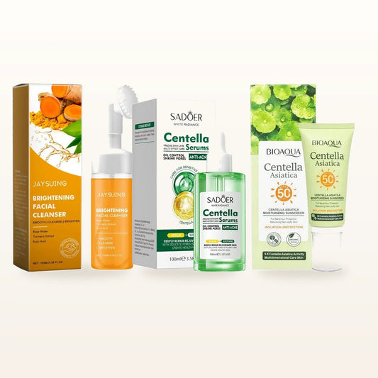 Pack Iniciación K-Beauty: limpiador, sérum calmante y protector solar Centella Asiática sobre fondo marfil cálido