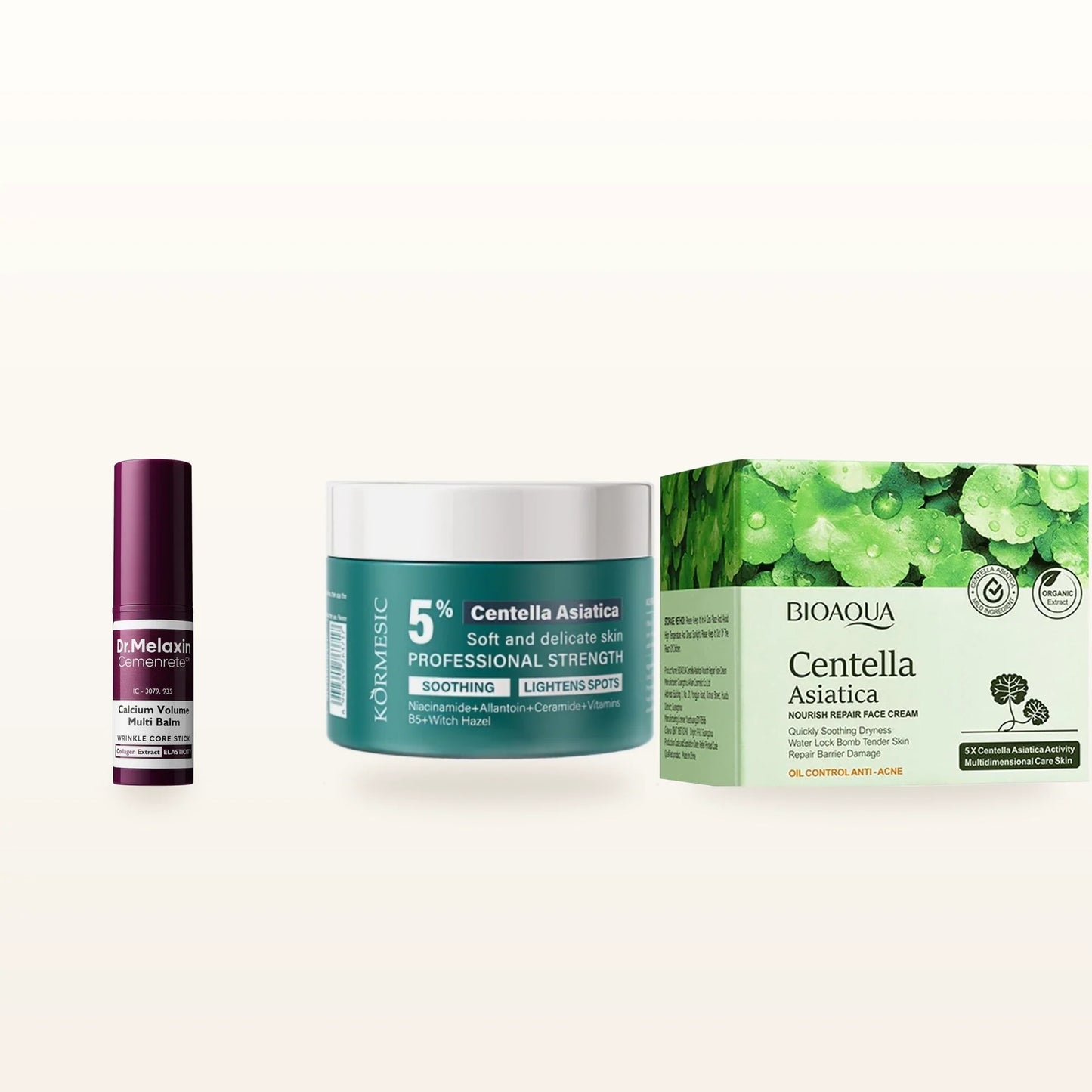 Pack Noche y Contorno: bálsamo ojeras, parches de ojos y crema hidratante Centella Asiática sobre fondo marfil cálido