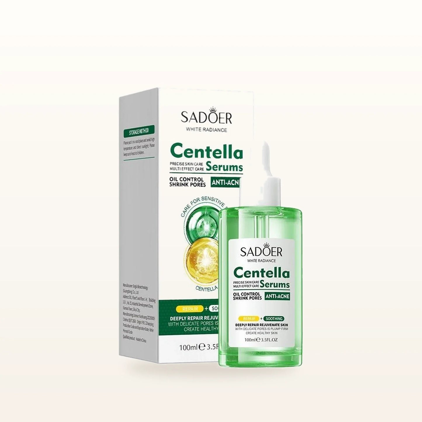 Rescue Serum, suero calmante Centella Asiática sobre fondo marfil cálido