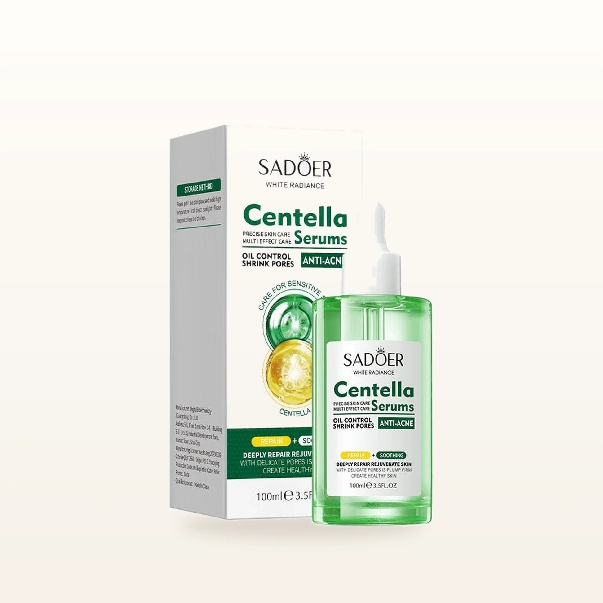 Rescue Serum, suero calmante Centella Asiática sobre fondo marfil cálido