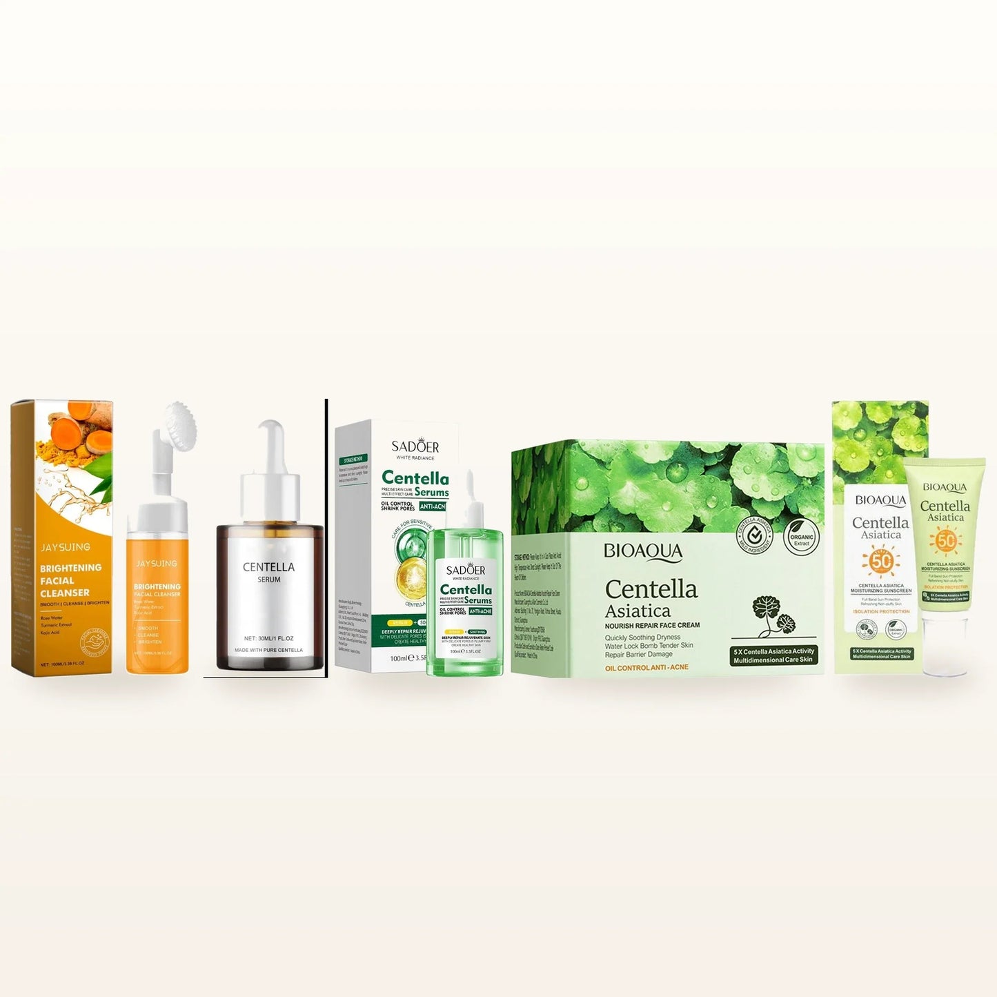 Rutina Centella Completa: limpiador, tónico, sérum calmante, crema hidratante y protector solar Centella Asiática sobre fondo marfil cálido