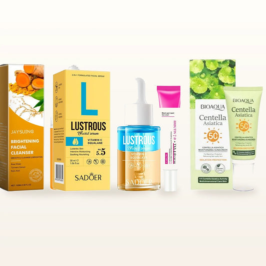 Rutina Iluminadora: limpiador, sérum Vitamina C, crema iluminadora Arbutina y protector solar sobre fondo marfil cálido